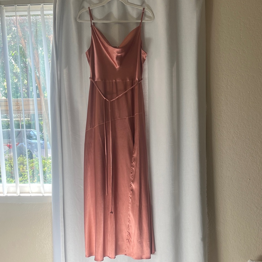 NWOT Long Elegant Satin Peachy Mauve full-length Cowl-Neck Dress